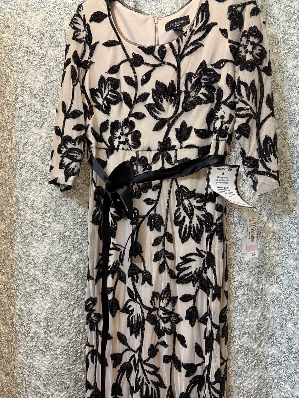 R&M Richards Cream Dress with Black Sequin Floral Embroidery and Satin Sash - Picture 8 of 9
